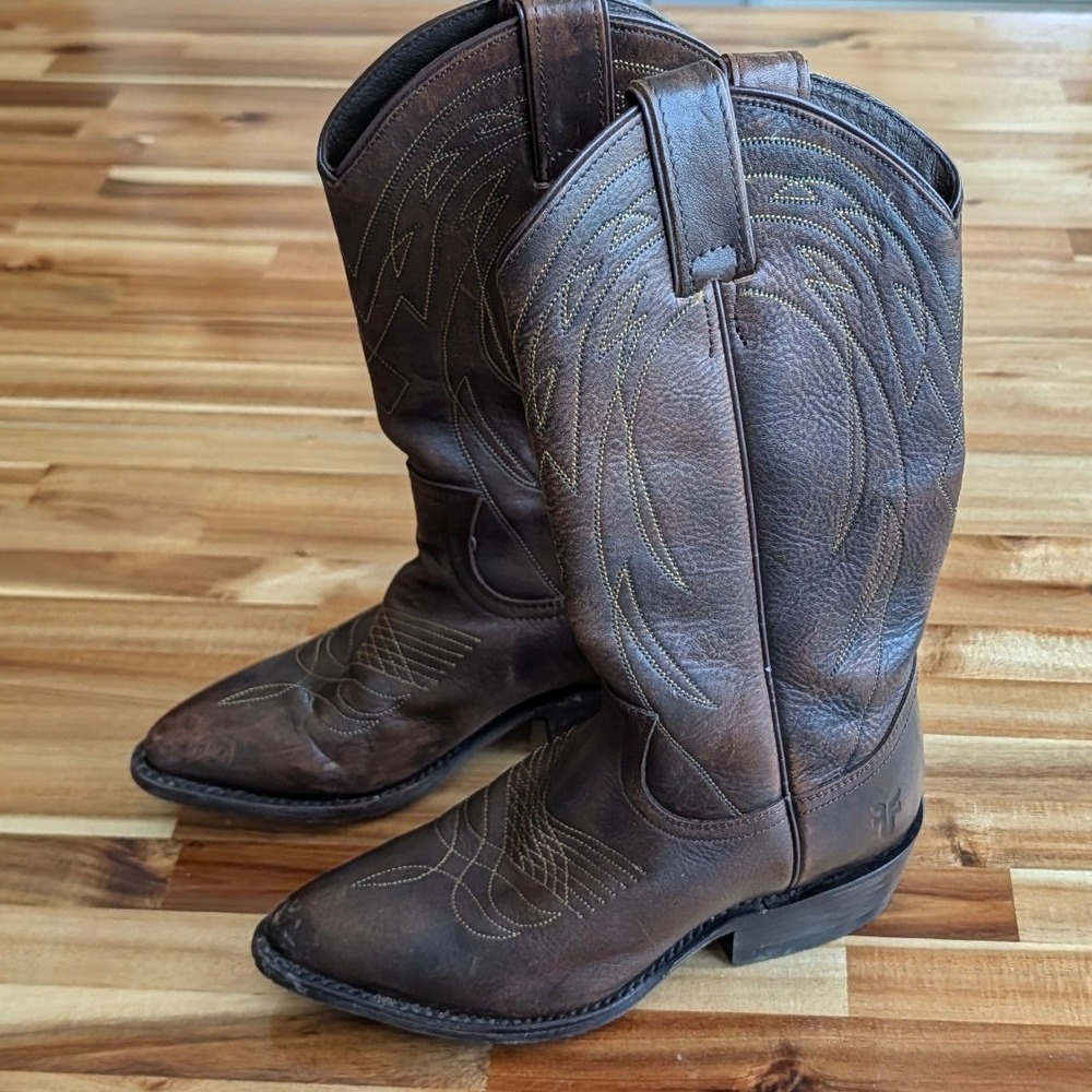 Frye Billy Dark Brown Distressed Leather Western Cowgirl Boots Pointe Toe Sz 5.5